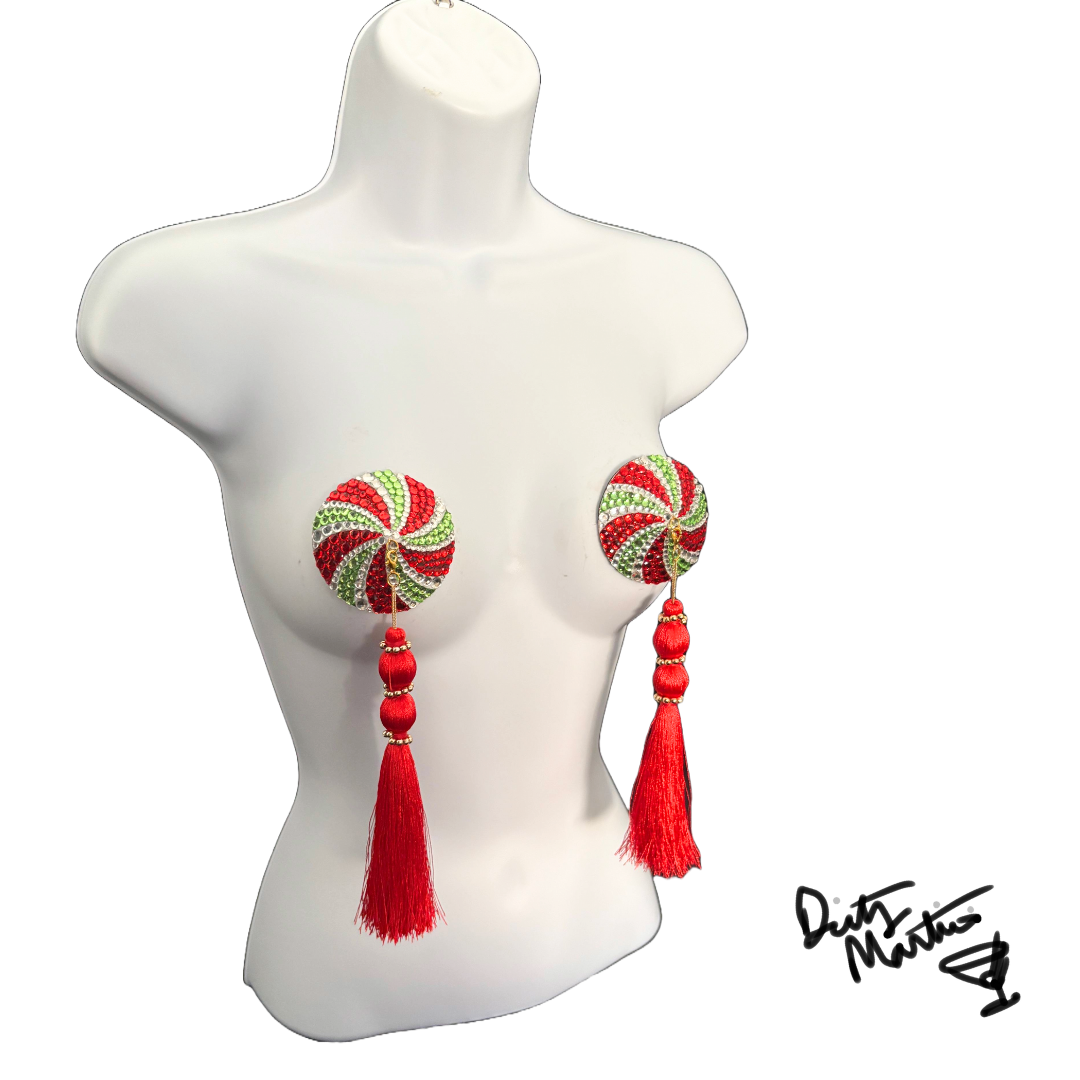 SPEARMINT SWIRLER Holiday Candy Dirty Martini x Appeeling Nipple Pasties with Removable Tassels (2 pcs)