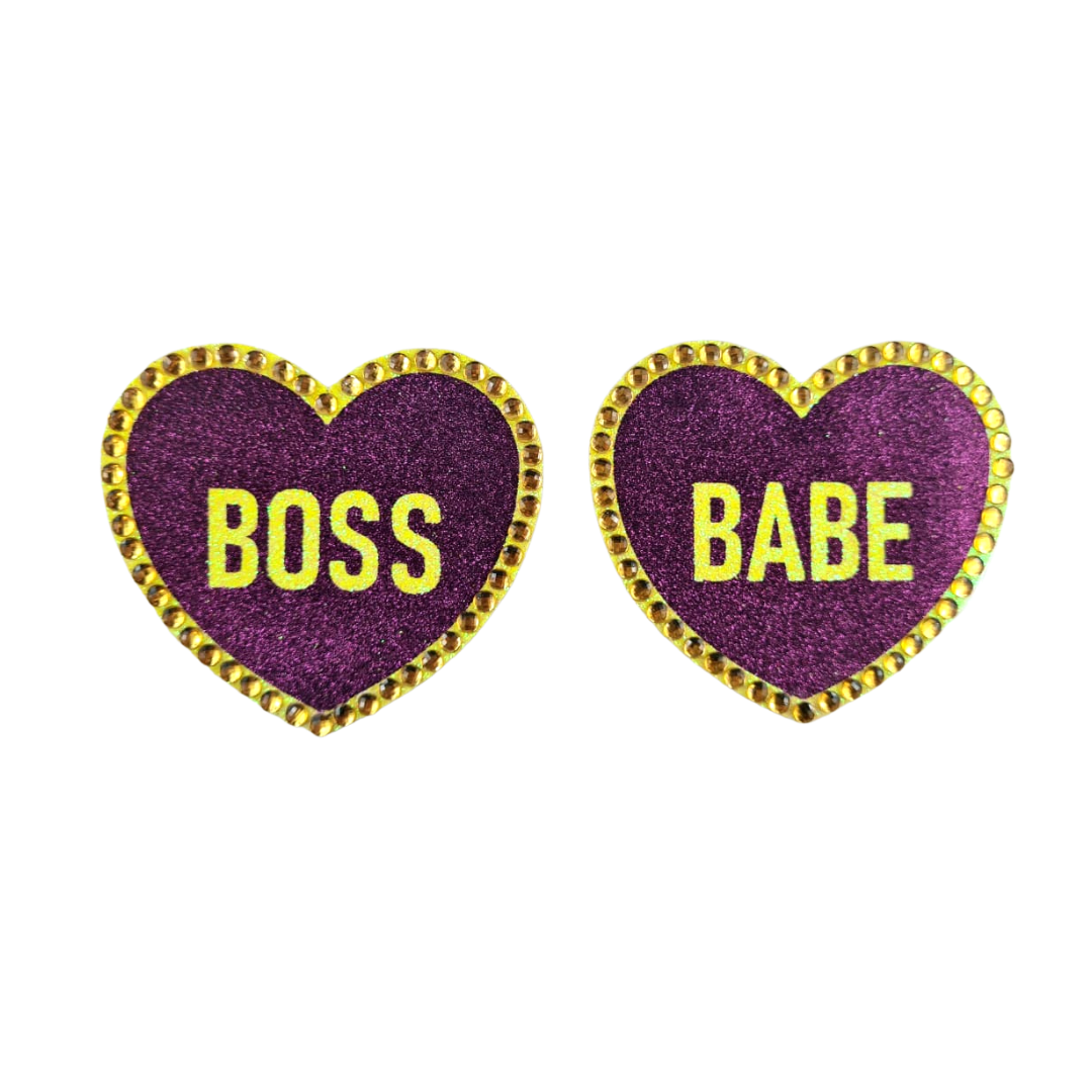 BOSS BABE - Cache-tétons en forme de cœur à paillettes et cristal, cache-tétons (2 pièces) avec titres pour le carnaval de lingerie Burlesque Raves