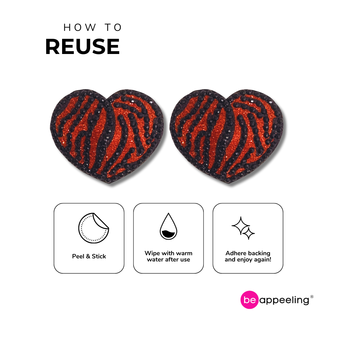 TIGER QUEEN Coeur Orange & Noir, Cache-tétons Gem Imprimé Tigre, Pâteux (2pcs)