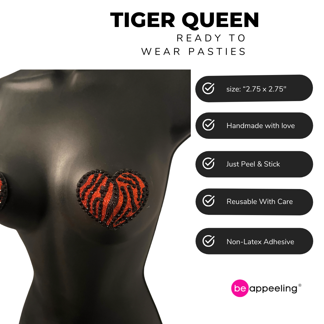 TIGER QUEEN Coeur Orange & Noir, Cache-tétons Gem Imprimé Tigre, Pâteux (2pcs)