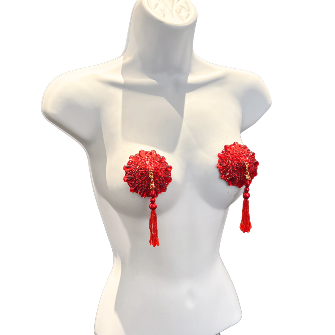 BIJOU Red, Green or Royal Blue Pasties with Removable Tassels (2pcs)