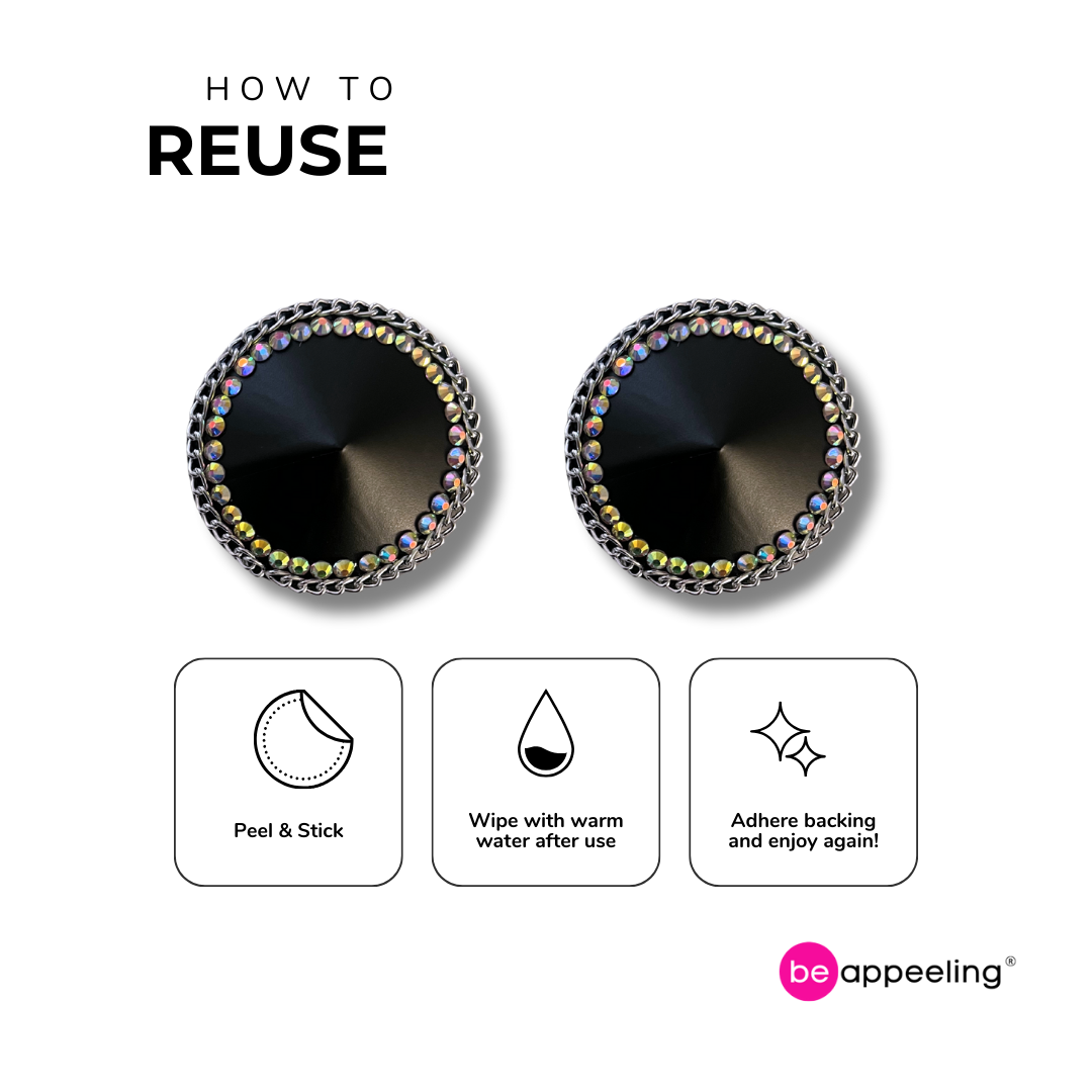 HEAVY METAL Negro Vegano & Cadena de Plata, Pasties de Pezón Reutilizables, Pasty (2pcs)