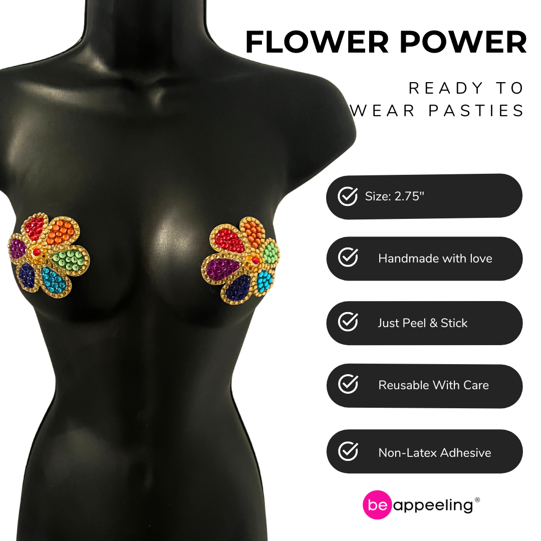 FLOWER POWER Rainbow and Gold Gem Flower Nipple Pasties, Pasty (2pcs) for Burlesque Pride Festivals Lingerie and More Appeeling