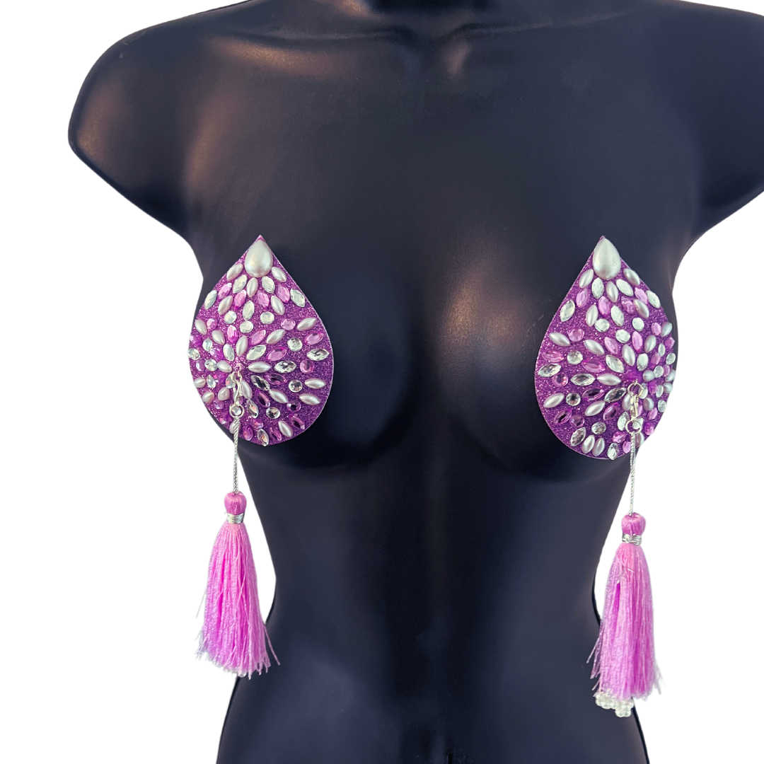 BELLA BIJOU Aqua Teardrop Gem & Pearl Nipple Pasties, Pasty (2pcs) with RemovableTassels (2pcs) Tassels Appeeling Purple
