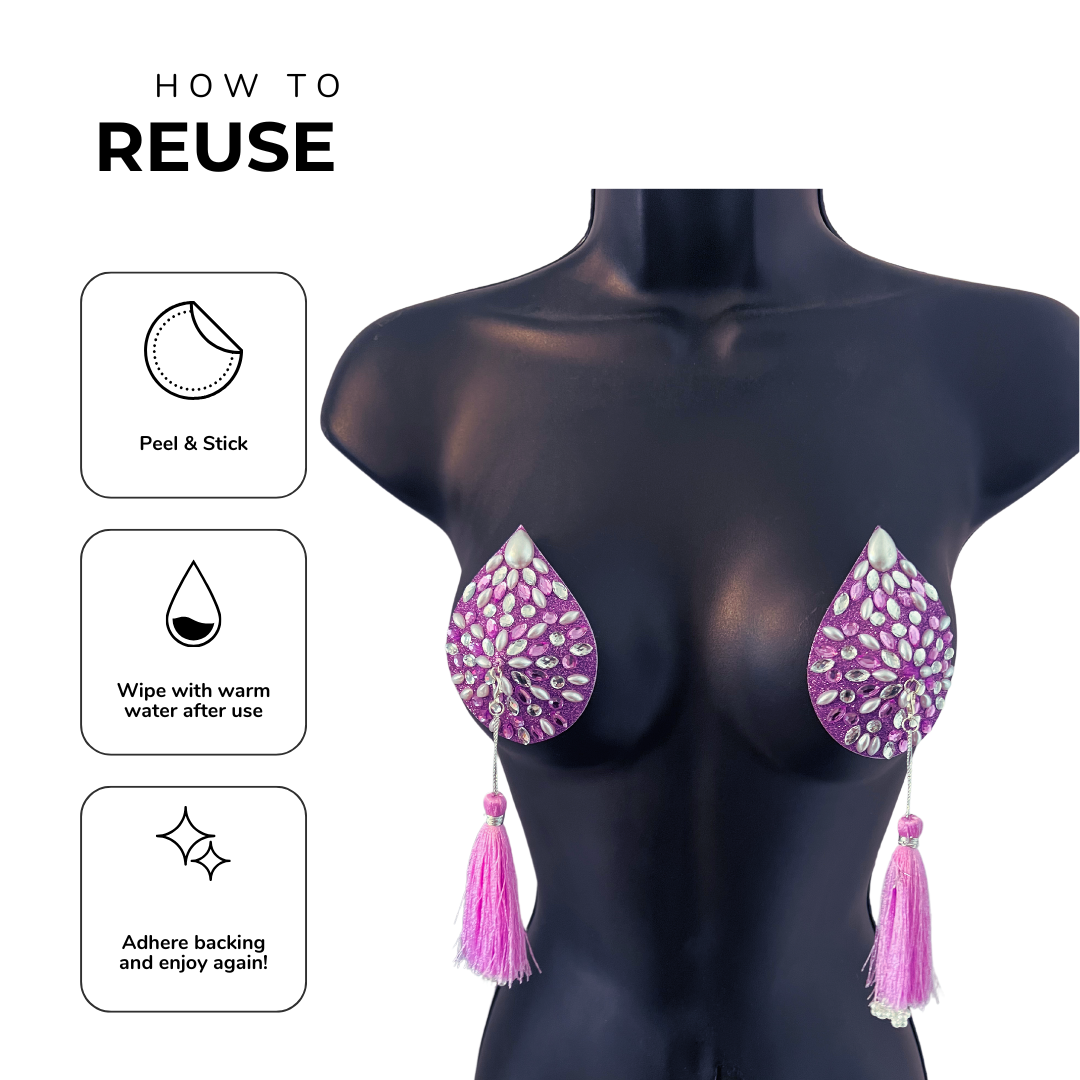 BELLA BIJOU Aqua Teardrop Gem & Pearl Nipple Pasties, Pasty (2pcs) with RemovableTassels (2pcs) Tassels Appeeling