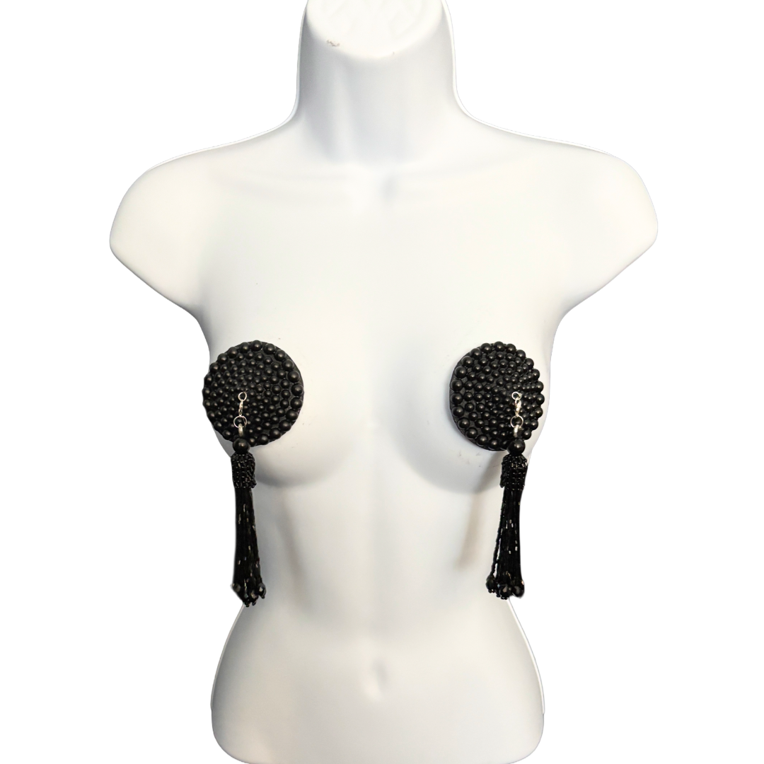 GRAND DAME Matte Black Pearl Pasties Nipple Pasty with Removable Beaded Tassels (2pcs) Appeeling