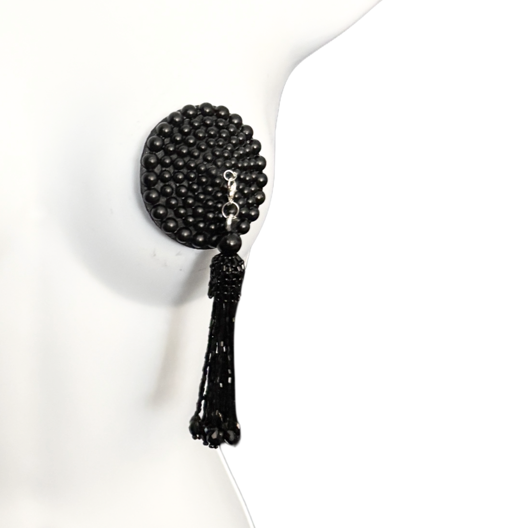 GRAND DAME Matte Black Pearl Pasties Nipple Pasty with Removable Beaded Tassels (2pcs) Appeeling
