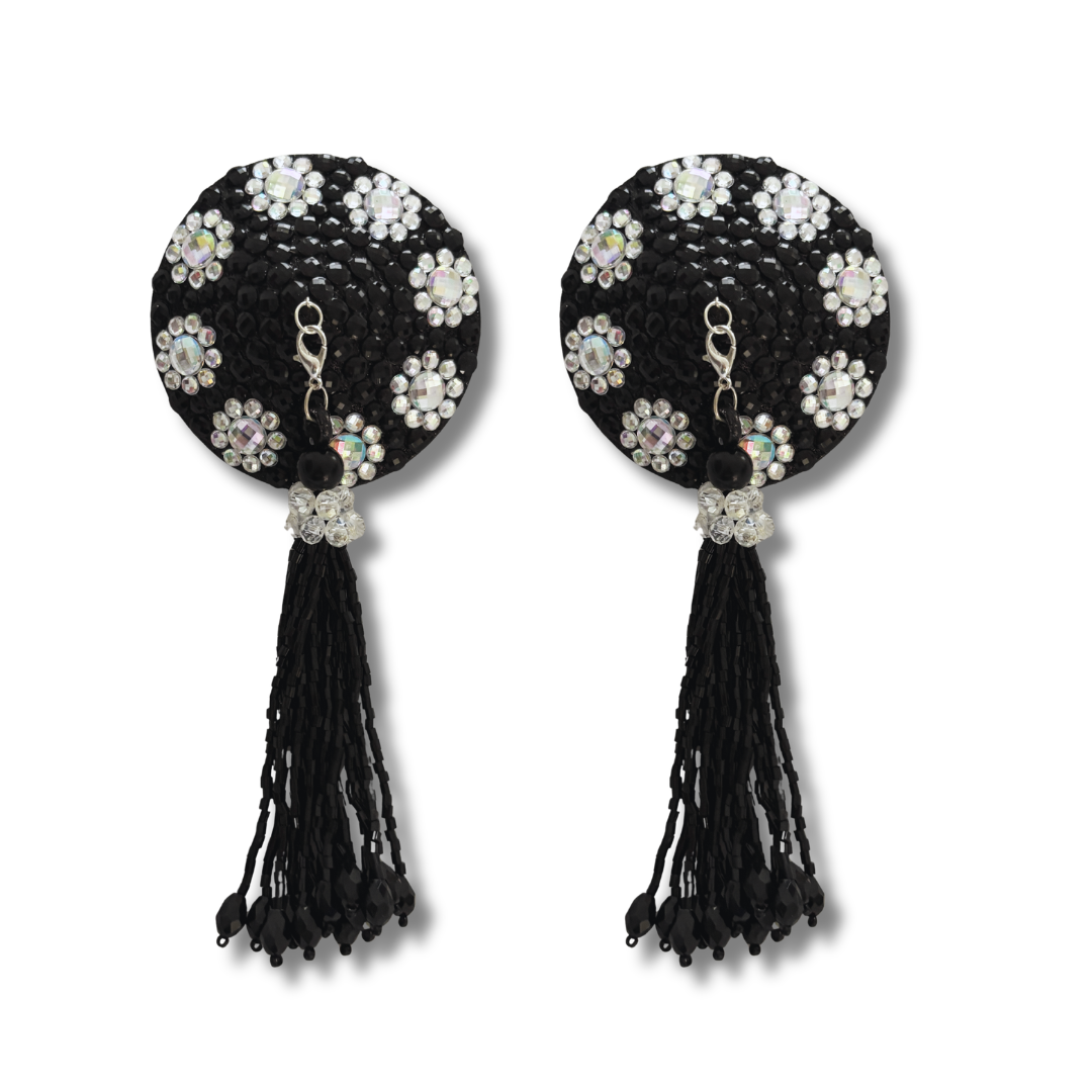 BARDOT Black Crystal Pasties with Clear Crystal Flowers with Removable Hand Beaded Tassels (2pcs)