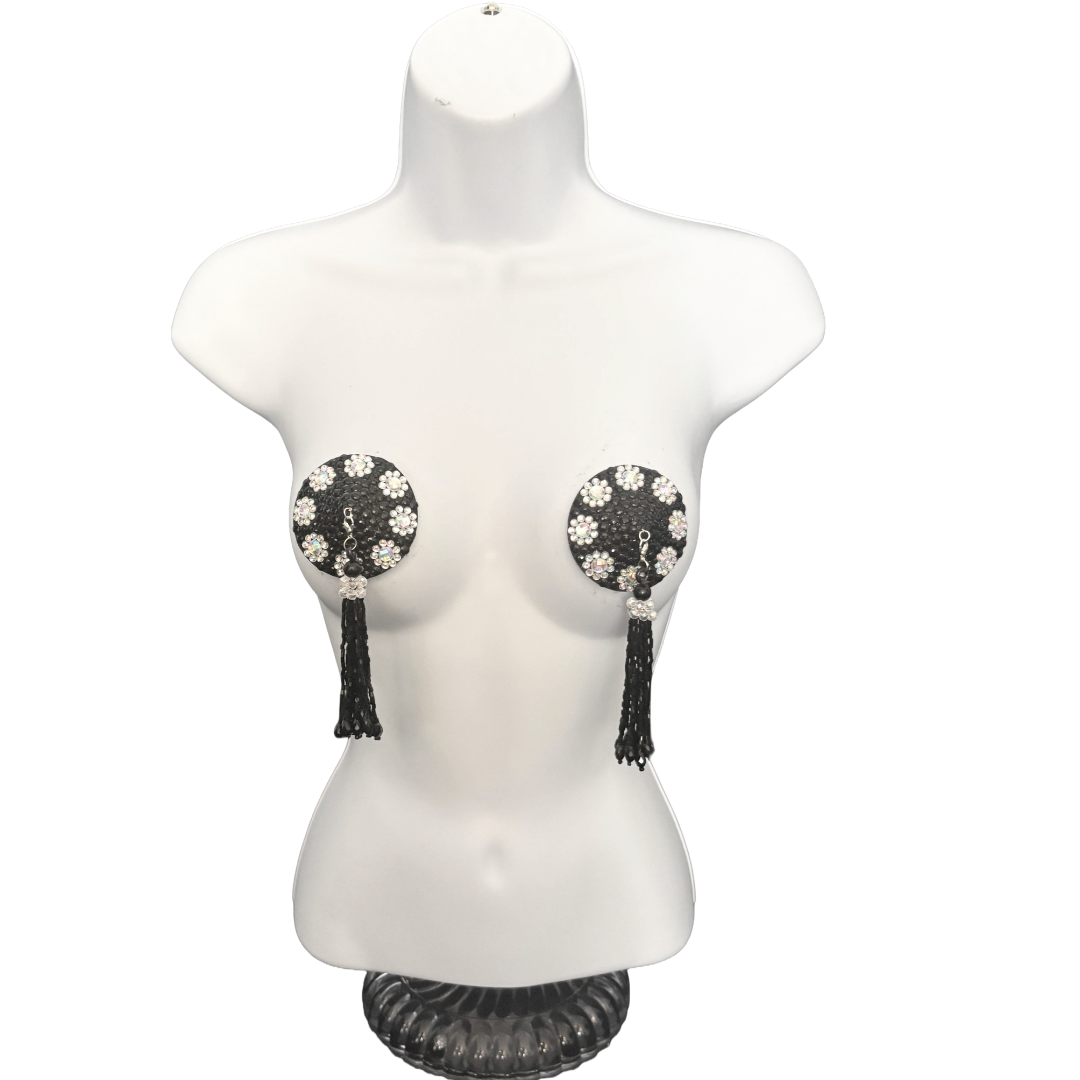 BARDOT Black Crystal Pasties with Clear Crystal Flowers with Removable Hand Beaded Tassels (2pcs)