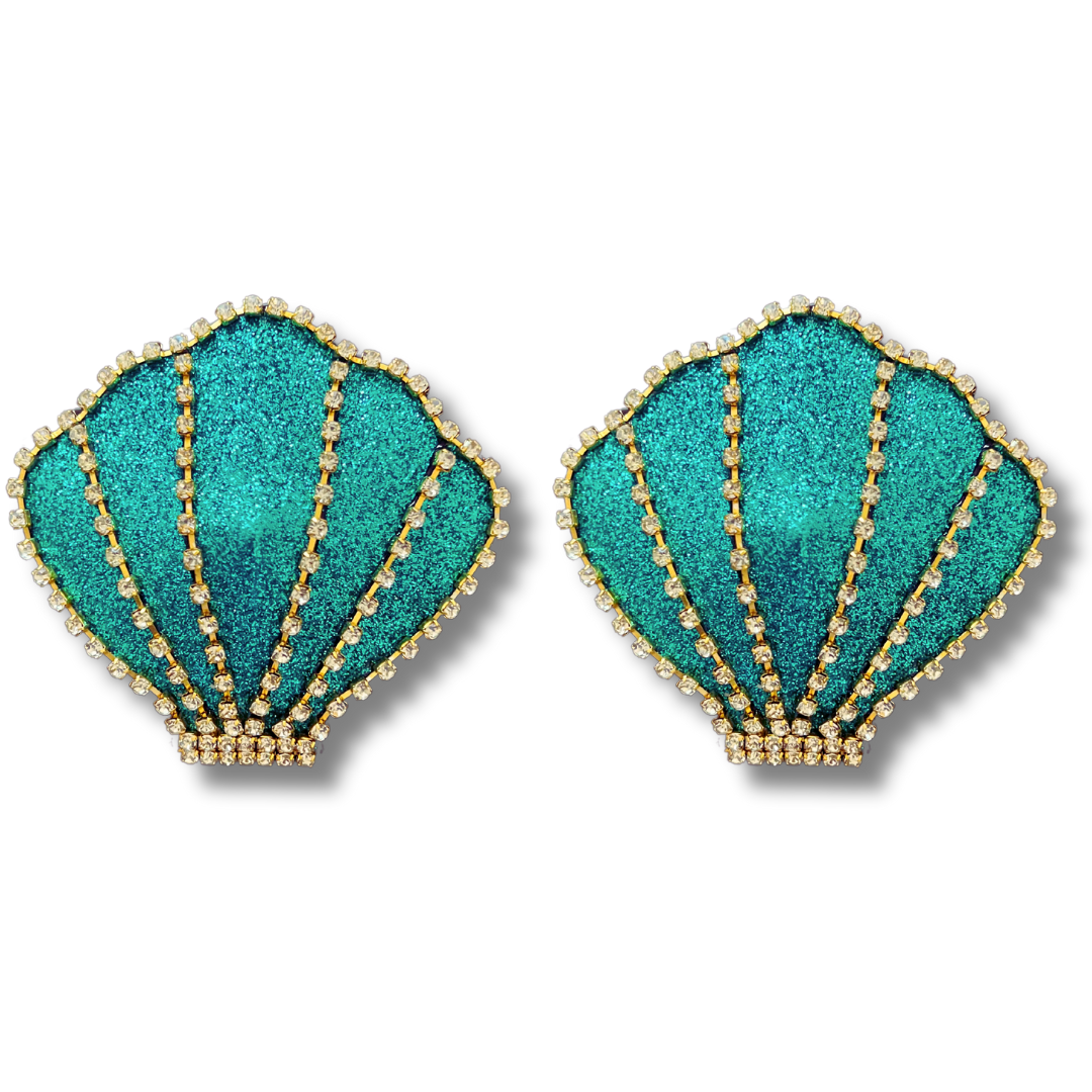 AQUA VITA Aqua Shell Glitter & Rhinestone Nipple Pasties, Covers for Lingerie Burlesque Festivals Raves