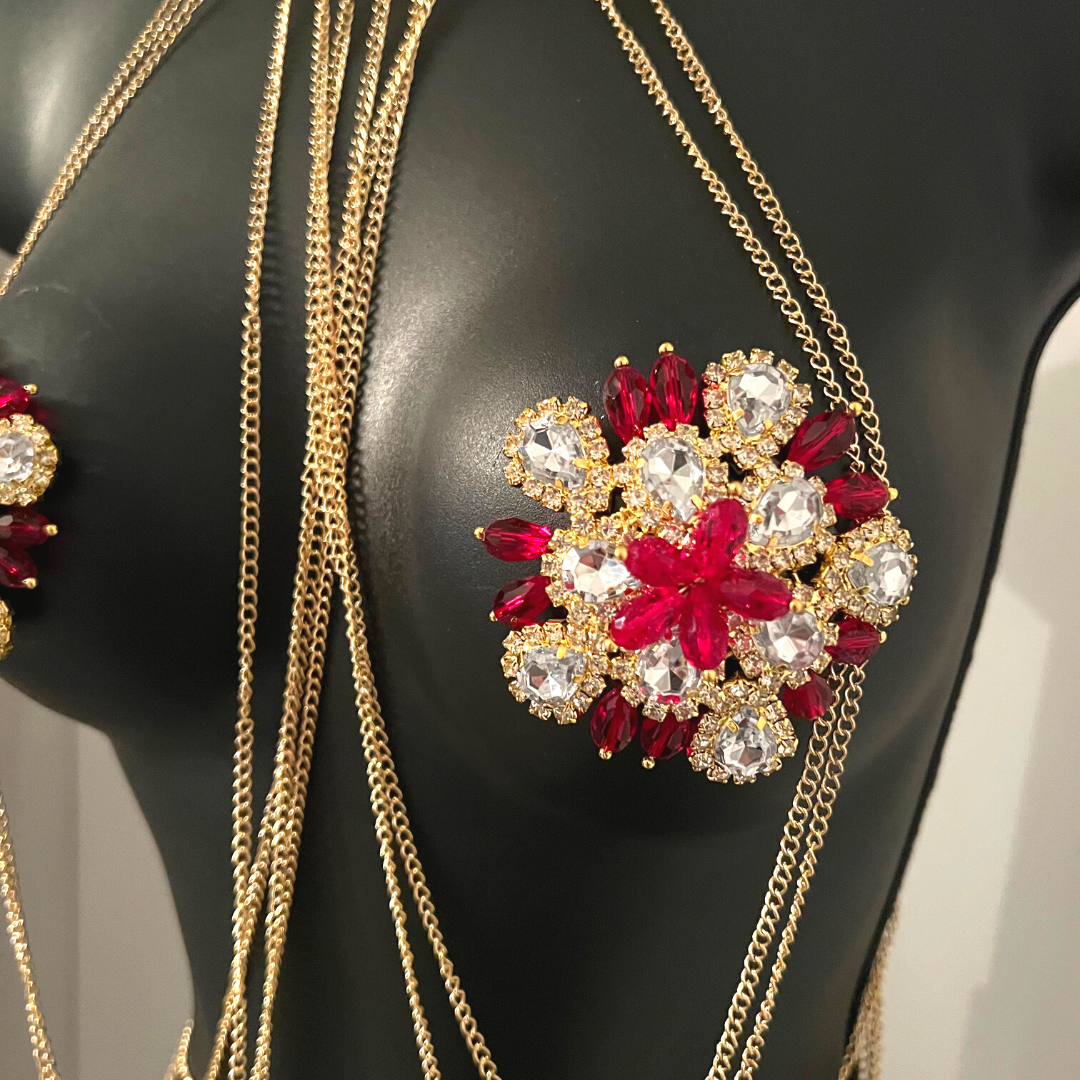 ROSY CHEEKS - Strass & Ruby Floral Shape Nipple Pasties, Couvertures pour festivals, Carnival Raves Burlesque Lingerie