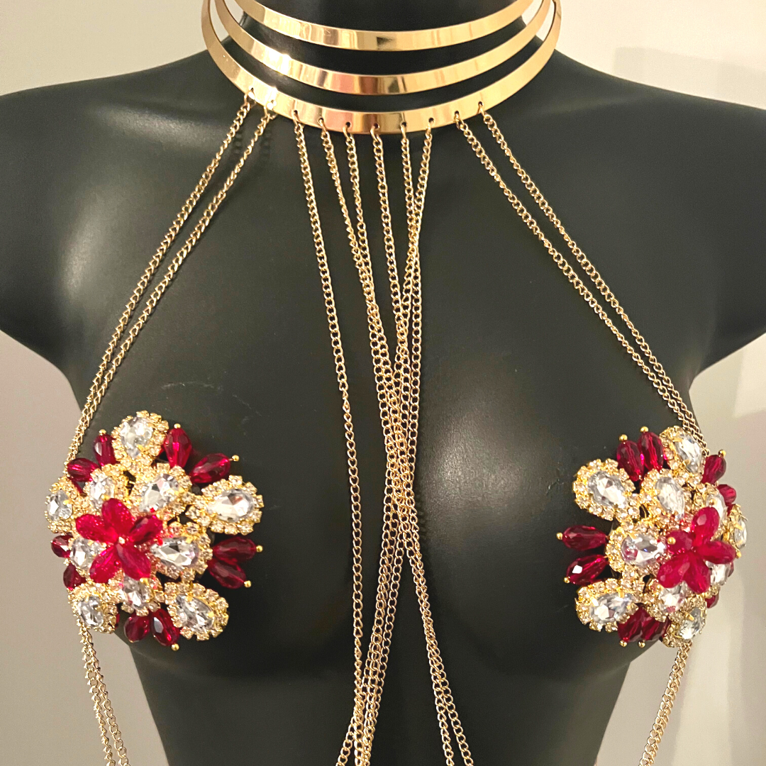 ROSY CHEEKS - Strass & Ruby Floral Shape Nipple Pasties, Couvertures pour festivals, Carnival Raves Burlesque Lingerie