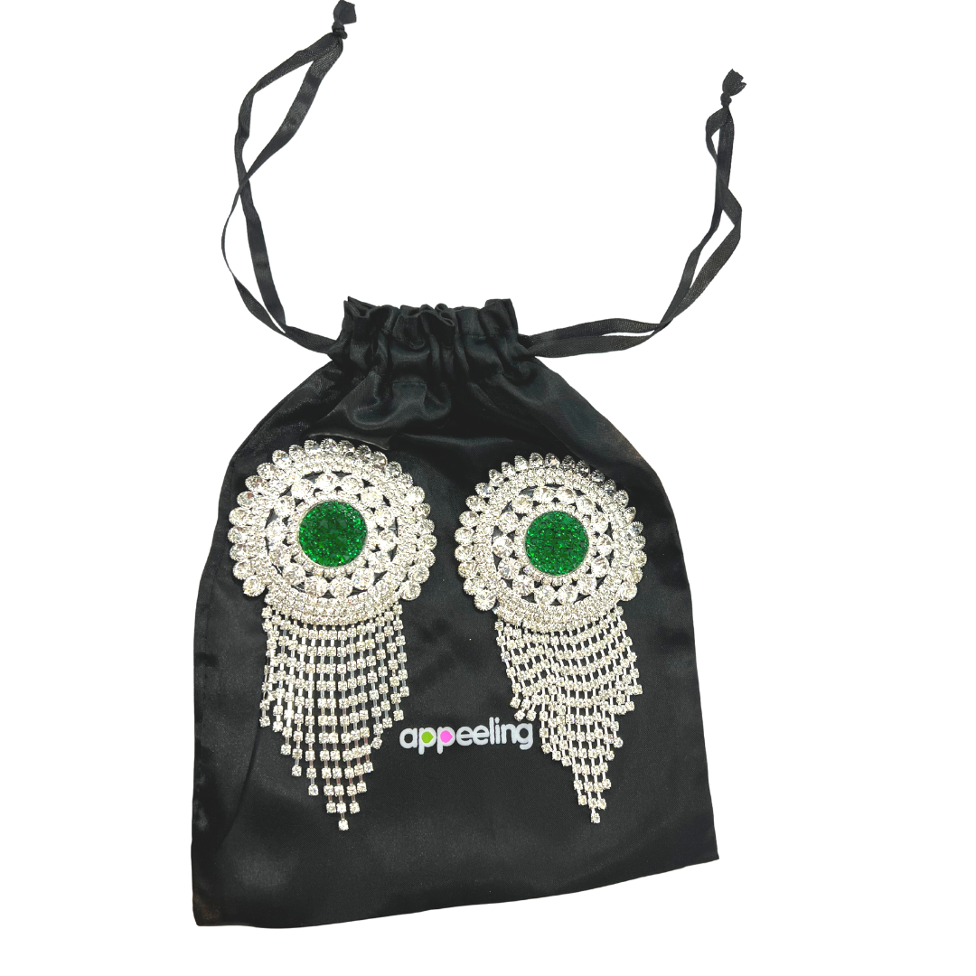 CROWN JEWELS - Rhinestone & Emerald Nipple Pasties, Covers for Festivals, Carnival Raves Burlesque Lingerie