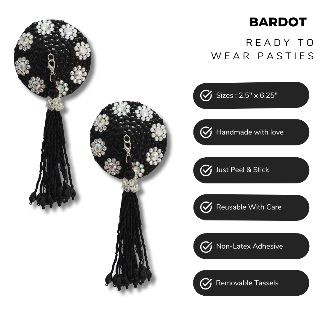 BARDOT Black Crystal Pasties with Clear Crystal Flowers with Removable Hand Beaded Tassels (2pcs) Appeeling