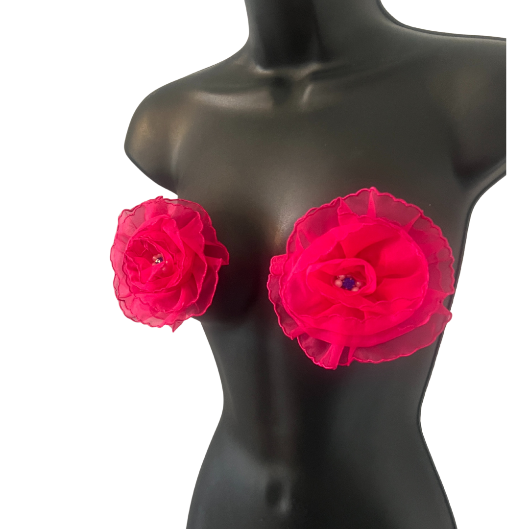 FLEUR TEASE -  Beautiful Yellow or Hot Pink Flower Nipple Pasties Covers (2pcs) with beaded centre. Large!