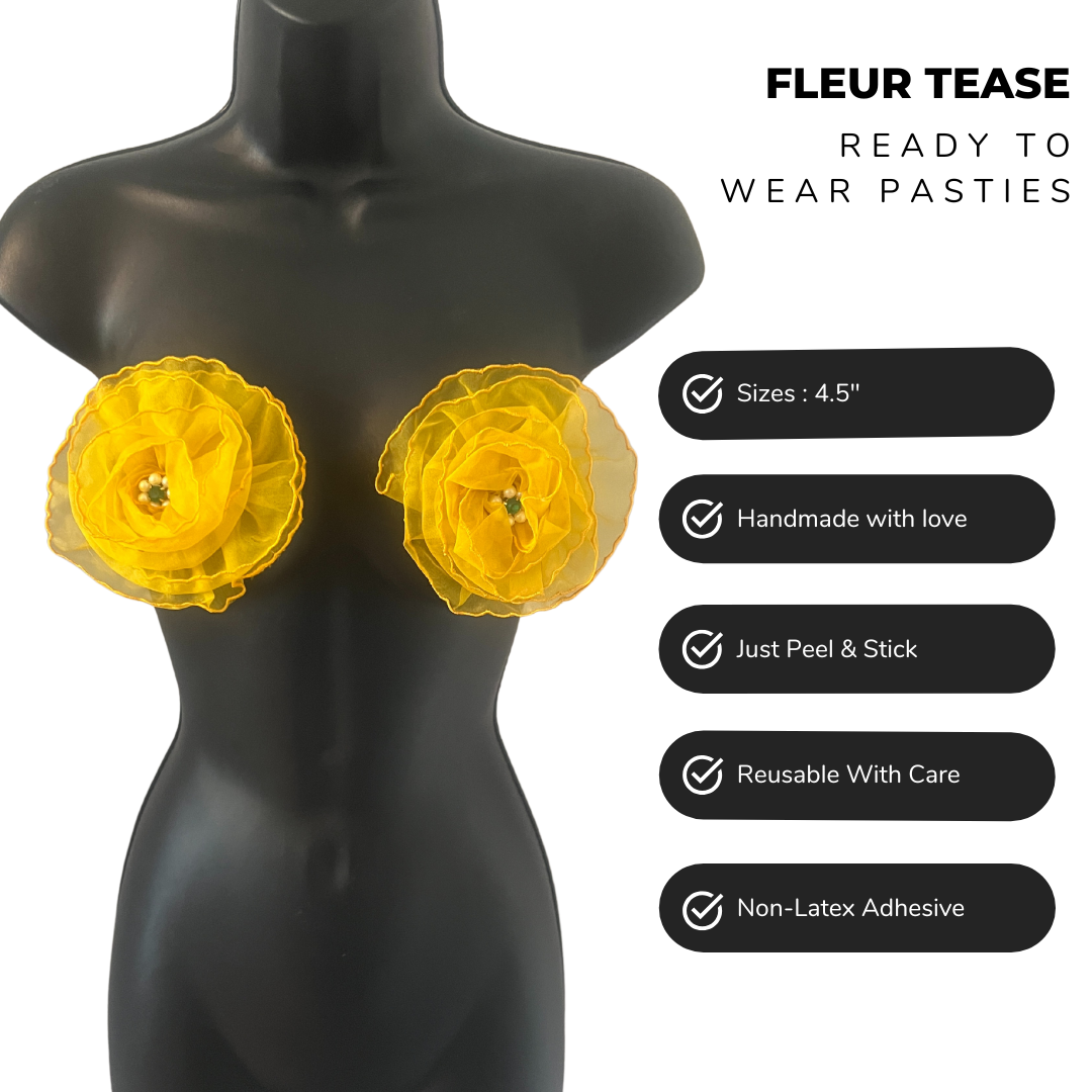 FLEUR TEASE -  Beautiful Yellow or Hot Pink Flower Nipple Pasties Covers (2pcs) with beaded centre. Large!