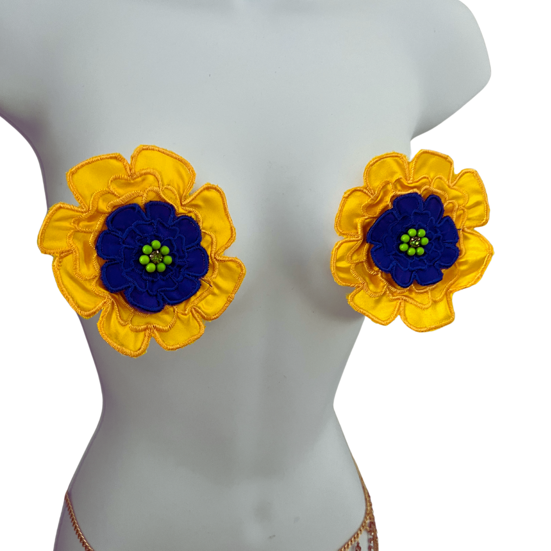 FLOWER GIRL Embroidered Blue and Yellow Flowers (LARGE) with Beaded and Gem Centre Nipple Pasty, Cover (2 pcs)