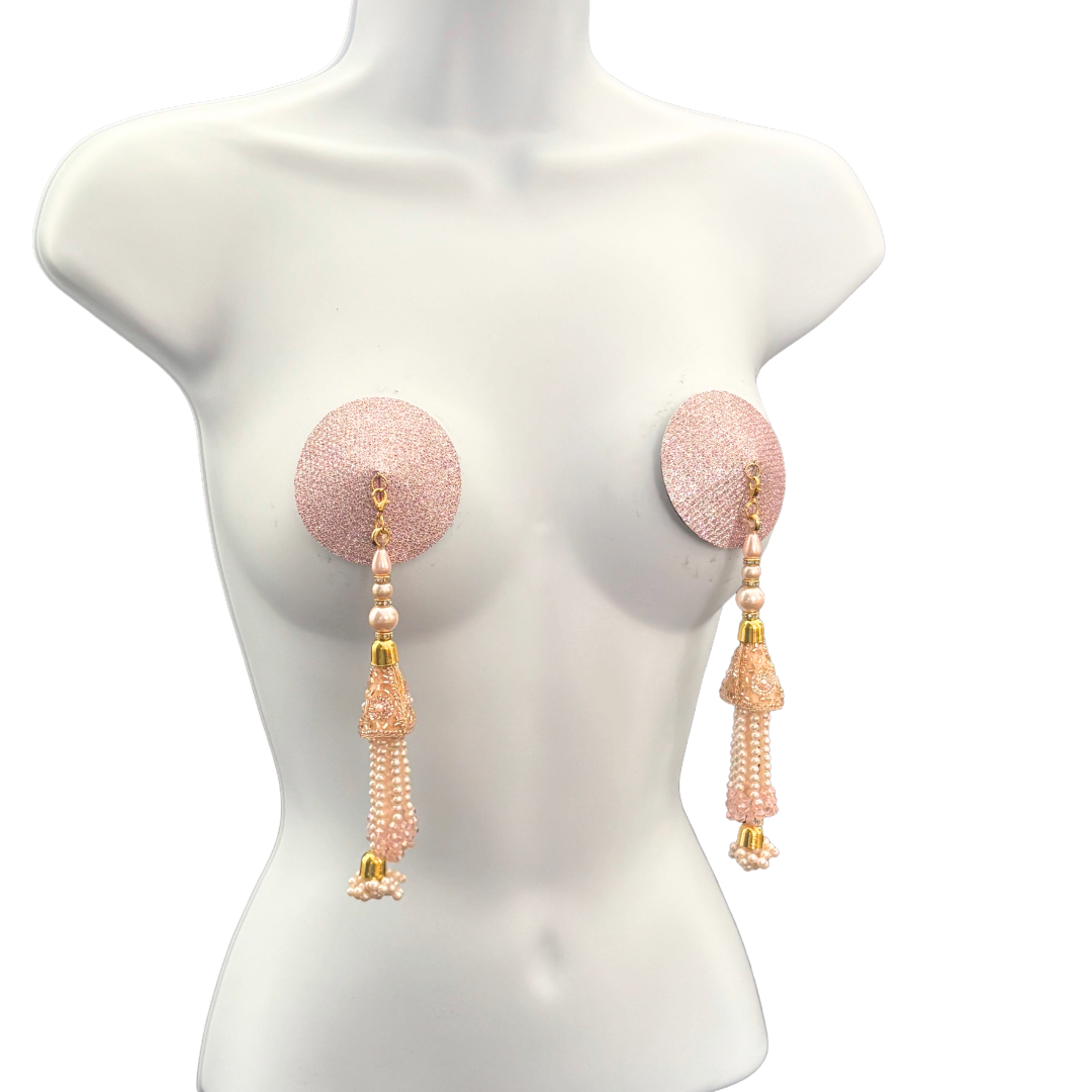 CHAMPAGNE KISS Gold Or Rose Gold Foil Nipple Pasties, Covers (2pcs) with Hand Beaded Gem Tassels (2pcs) Burlesque Lingerie Raves and Festivals Tassels Appeeling