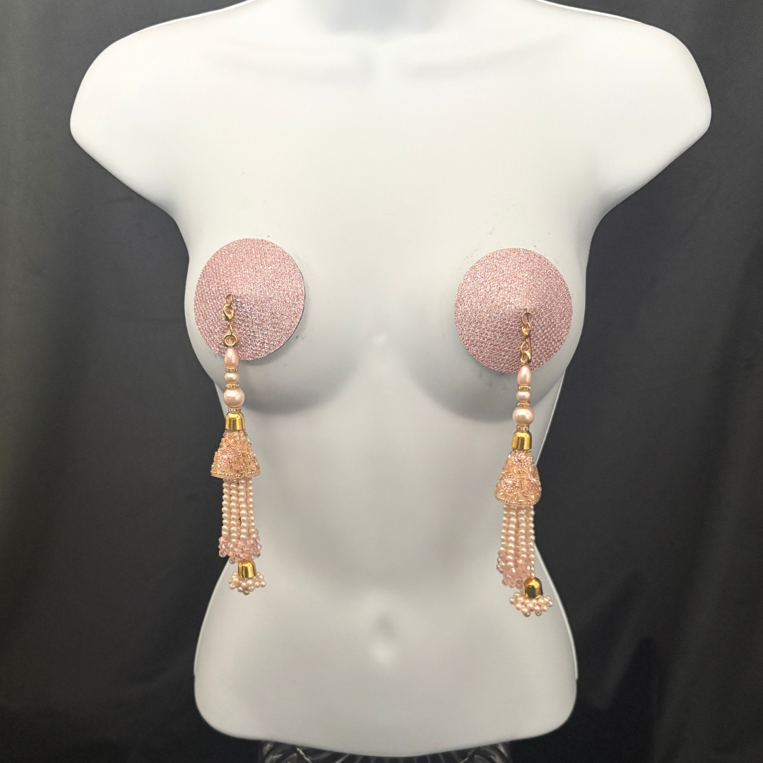 CHAMPAGNE KISS Gold Or Rose Gold Foil Nipple Pasties, Covers (2pcs) with Hand Beaded Gem Tassels (2pcs) Burlesque Lingerie Raves and Festivals Tassels Appeeling