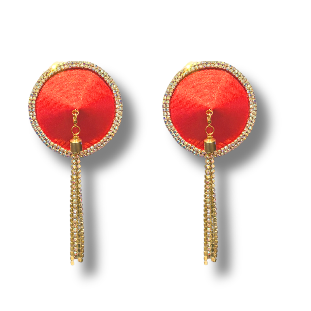 SEDUCTRESS Silk and Rhinestone Nipple Pasties, Covers with RhinestoneTassels - Red, Black, Royal Blue or Gold (2pcs)