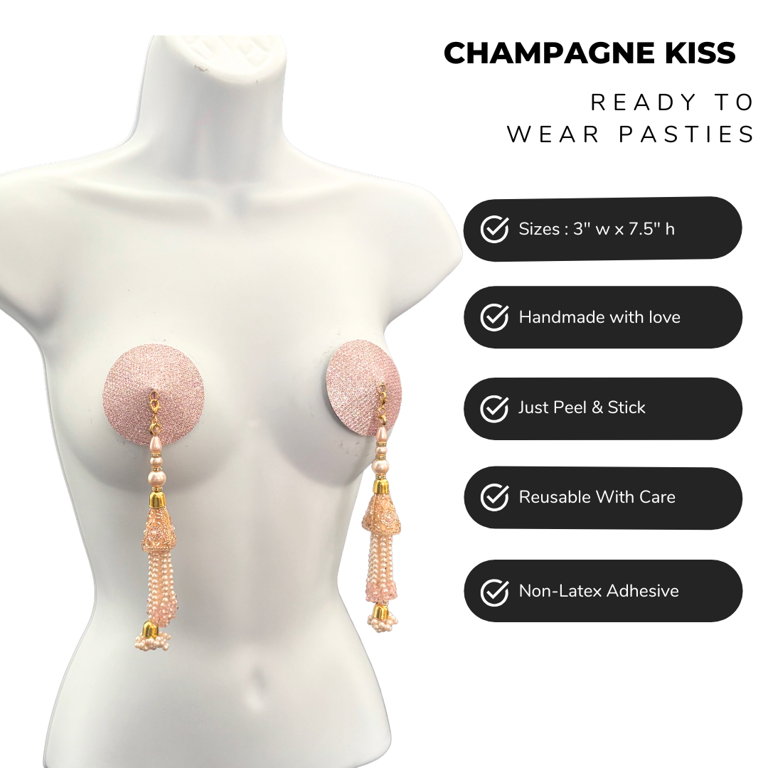 CHAMPAGNE KISS Gold Or Rose Gold Foil Nipple Pasties, Covers (2pcs) with Hand Beaded Gem Tassels (2pcs) Burlesque Lingerie Raves and Festivals Tassels Appeeling