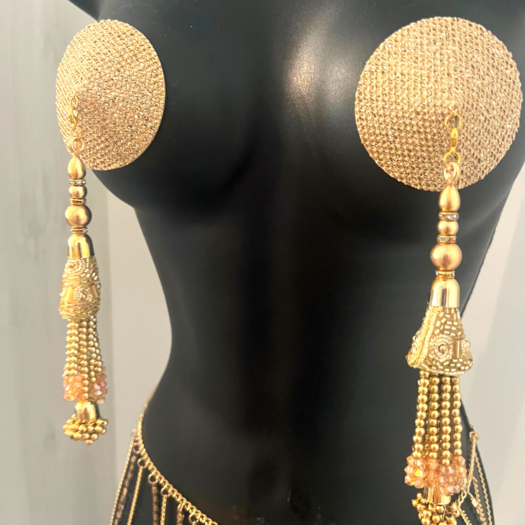 CHAMPAGNE KISS Gold Or Rose Gold Foil Nipple Pasties, Covers (2pcs) with Hand Beaded Gem Tassels (2pcs) Burlesque Lingerie Raves and Festivals
