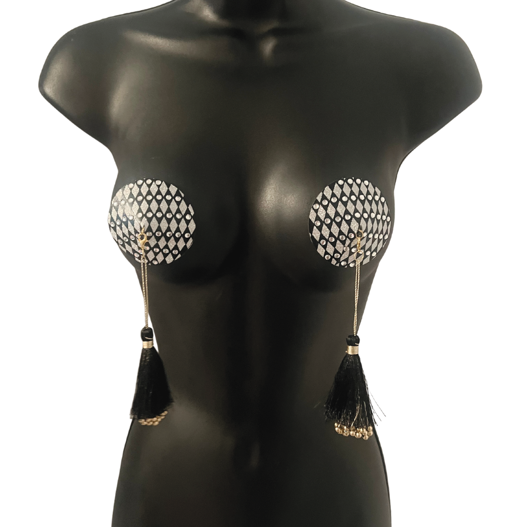 ENIGMA Black & Silver Nipple Pasty, Nipple Cover (2pcs) with Removable Tassels for Lingerie Carnival Burlesque Rave