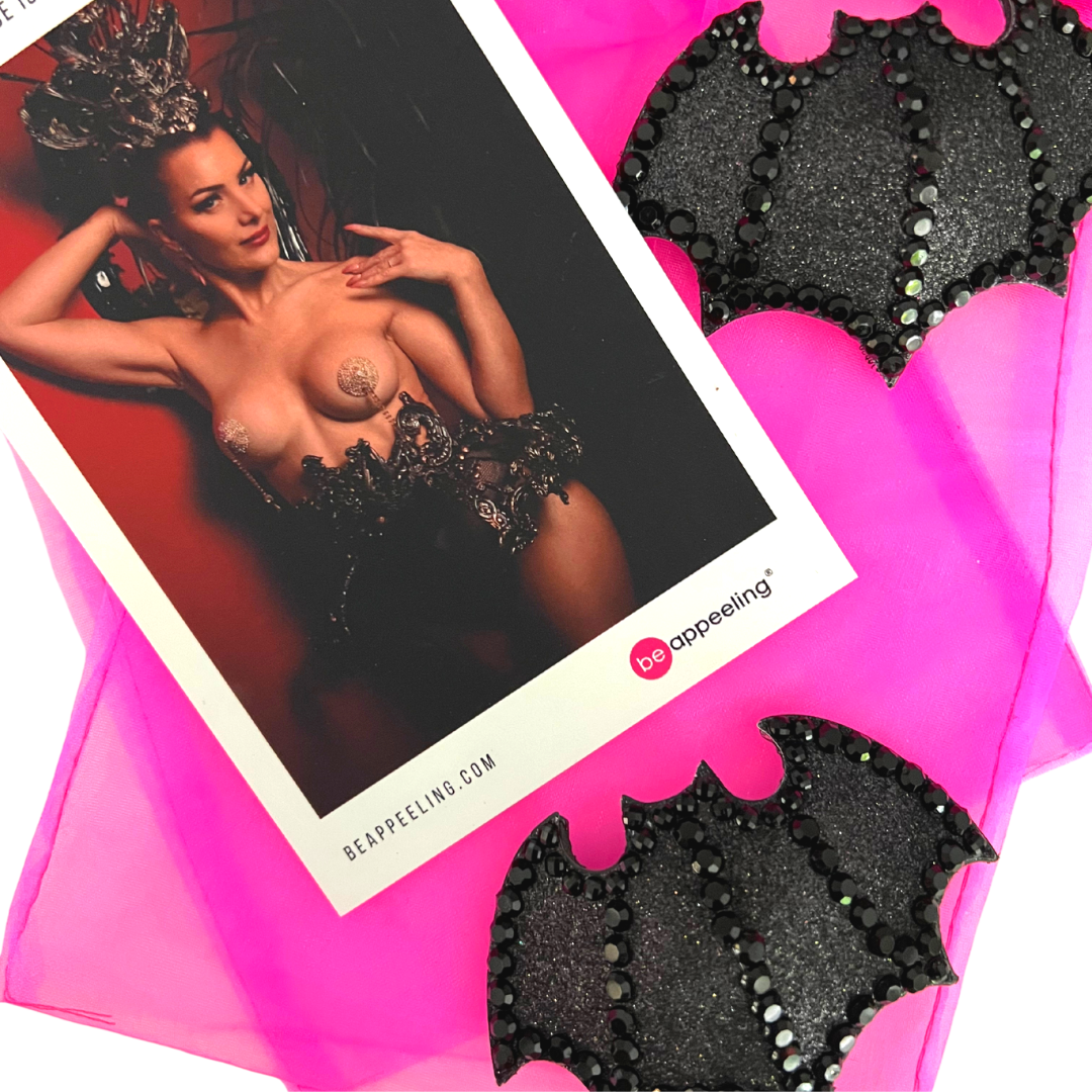 BATTITUDE Formed Black Bat Nipple Pasties, Covers (2pcs) for Burlesque Lingerie Raves Festivals and Halloween