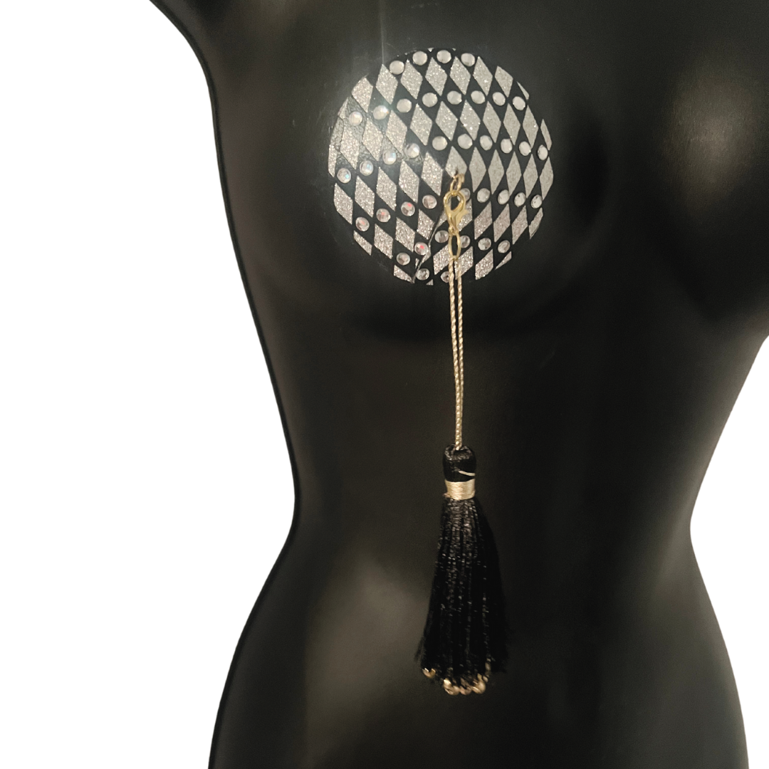 ENIGMA Nipple Pasty Noir &amp; Argent, Cache-tétons (2pcs) avec Glands Amovibles pour Lingerie Carnaval Burlesque Rave