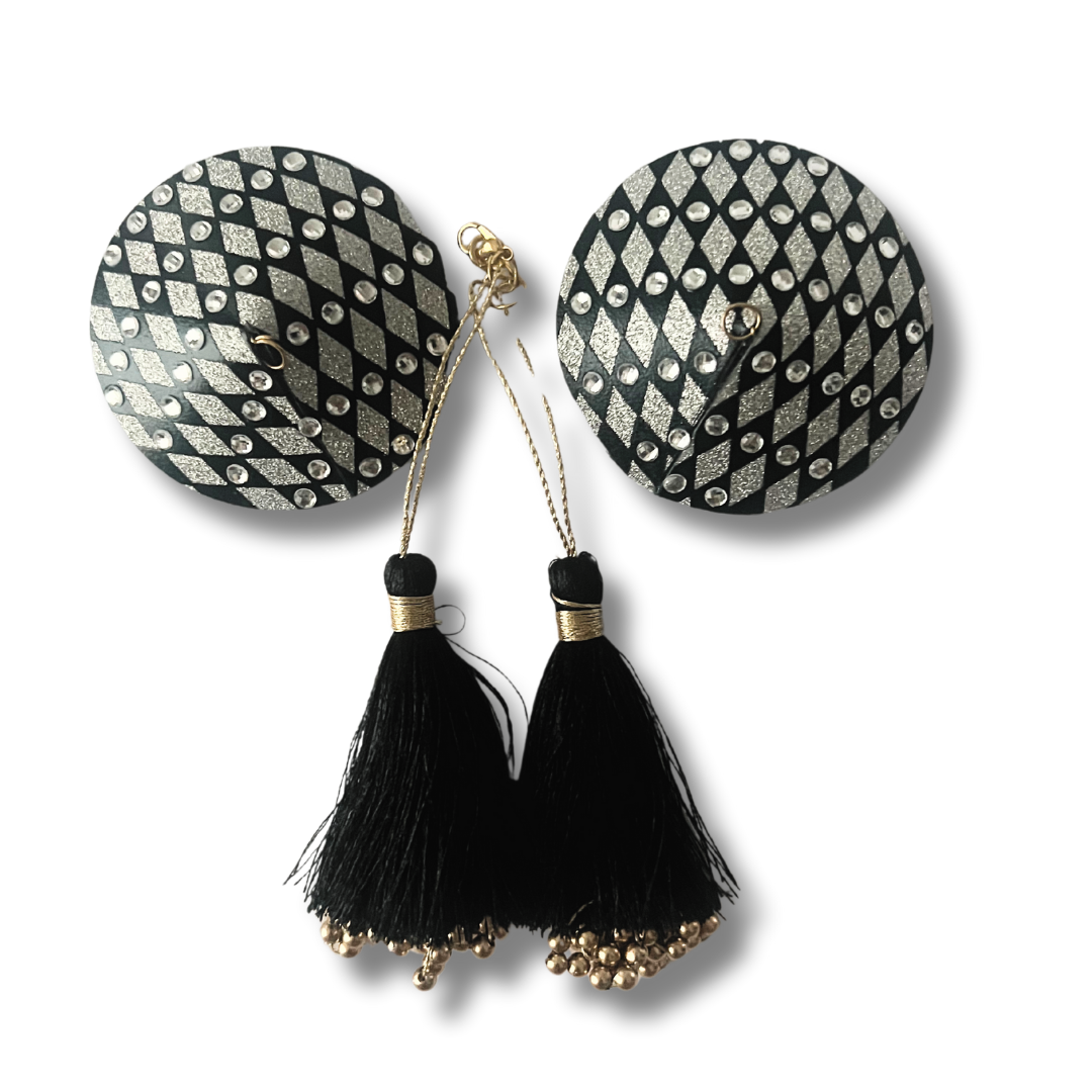 ENIGMA Nipple Pasty Noir &amp; Argent, Cache-tétons (2pcs) avec Glands Amovibles pour Lingerie Carnaval Burlesque Rave