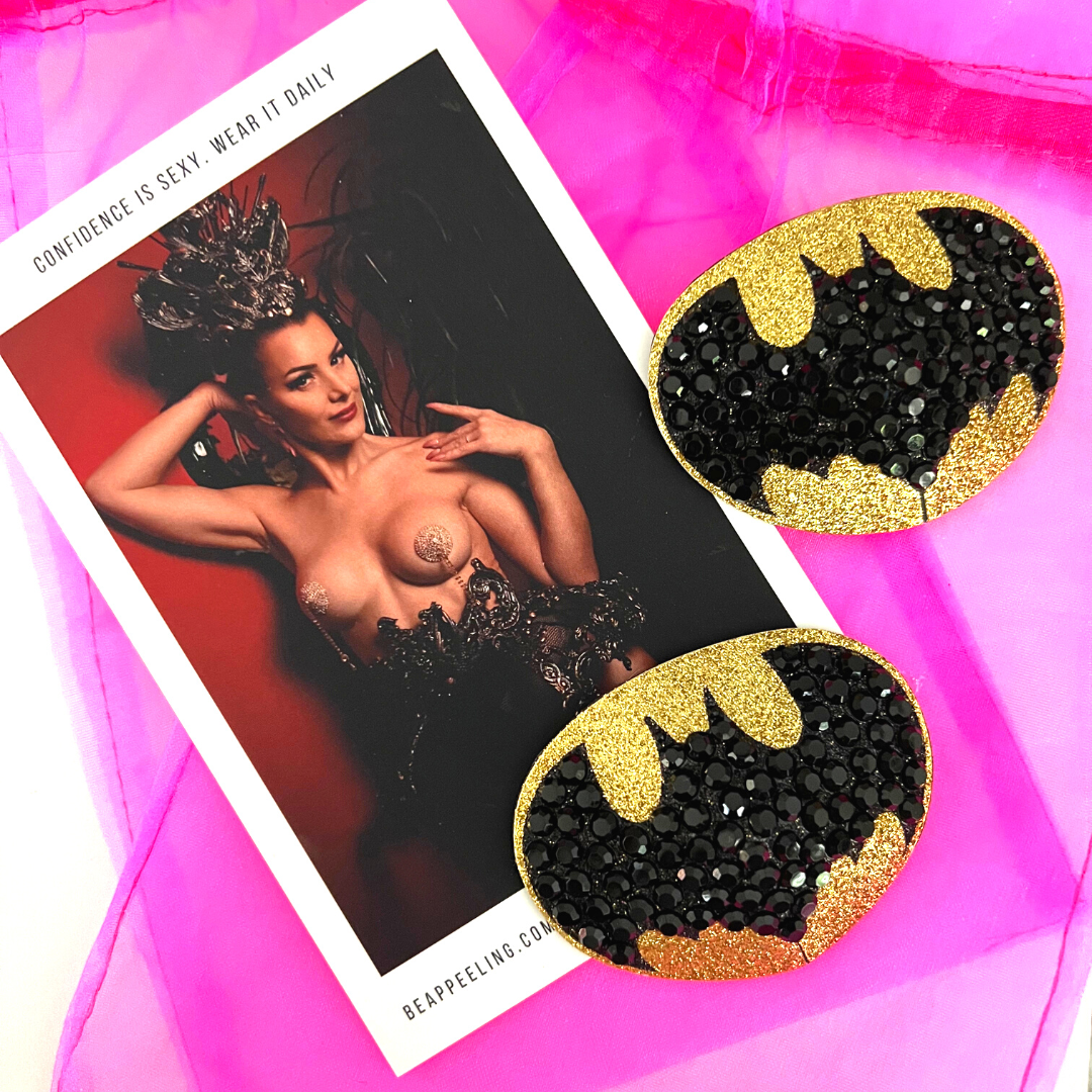 BAT SIGNAL Gold Oval and Black Bat Nipple Pasties, Covers (2pcs) for Burlesque Lingerie Raves Festivals and Halloween