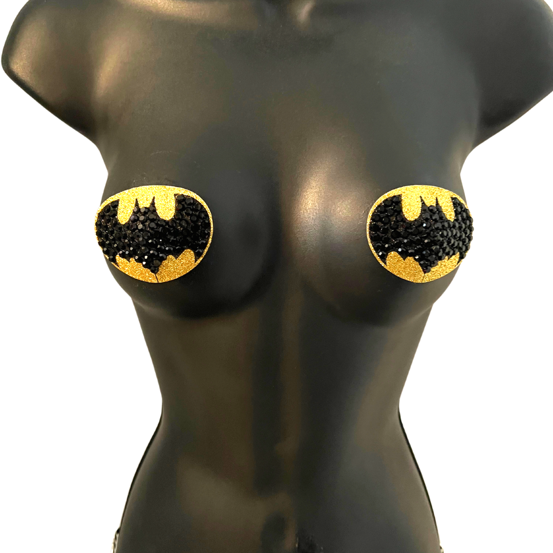 BAT SIGNAL Gold Oval and Black Bat Nipple Pasties, Covers (2pcs) for Burlesque Lingerie Raves Festivals and Halloween