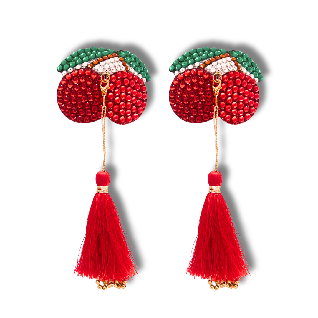 CHERRIES JUBILEE Red Cherry Nipple Pasty, Nipple Cover (2pcs) with Removable Tassels for Lingerie Carnival Burlesque Rave