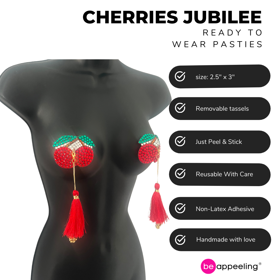 CHERRIES JUBILEE Red Cherry Nipple Pasty, Nipple Cover (2pcs) with Removable Tassels for Lingerie Carnival Burlesque Rave