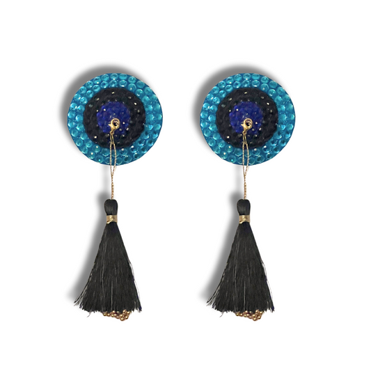 VELVET UNDERGROUND Blue, Aqua and Black Crystal Pasties, Nipple Covers with Tassels (2pcs