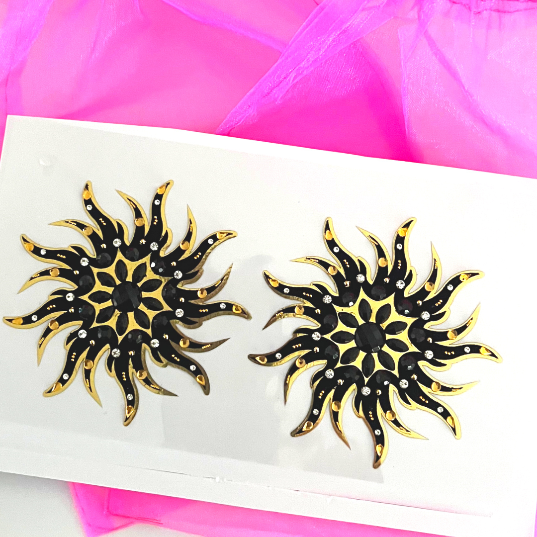 RACY STACY Foil w Crystal Intricate Design Gold Nipple Pasties, Couvertures pour festivals, Carnival Raves Burlesque Lingerie