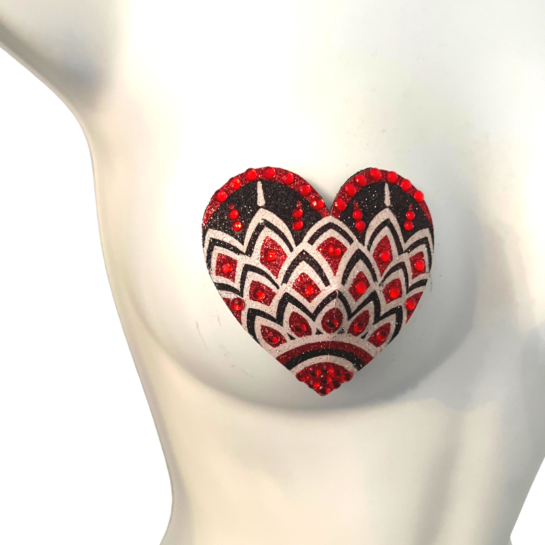 ALI ROSE  Red, Black and White Mosaic Glitter Heart and Gem Nipple Pasty, Covers (2pcs) for Burlesque Lingerie Raves and Festivals