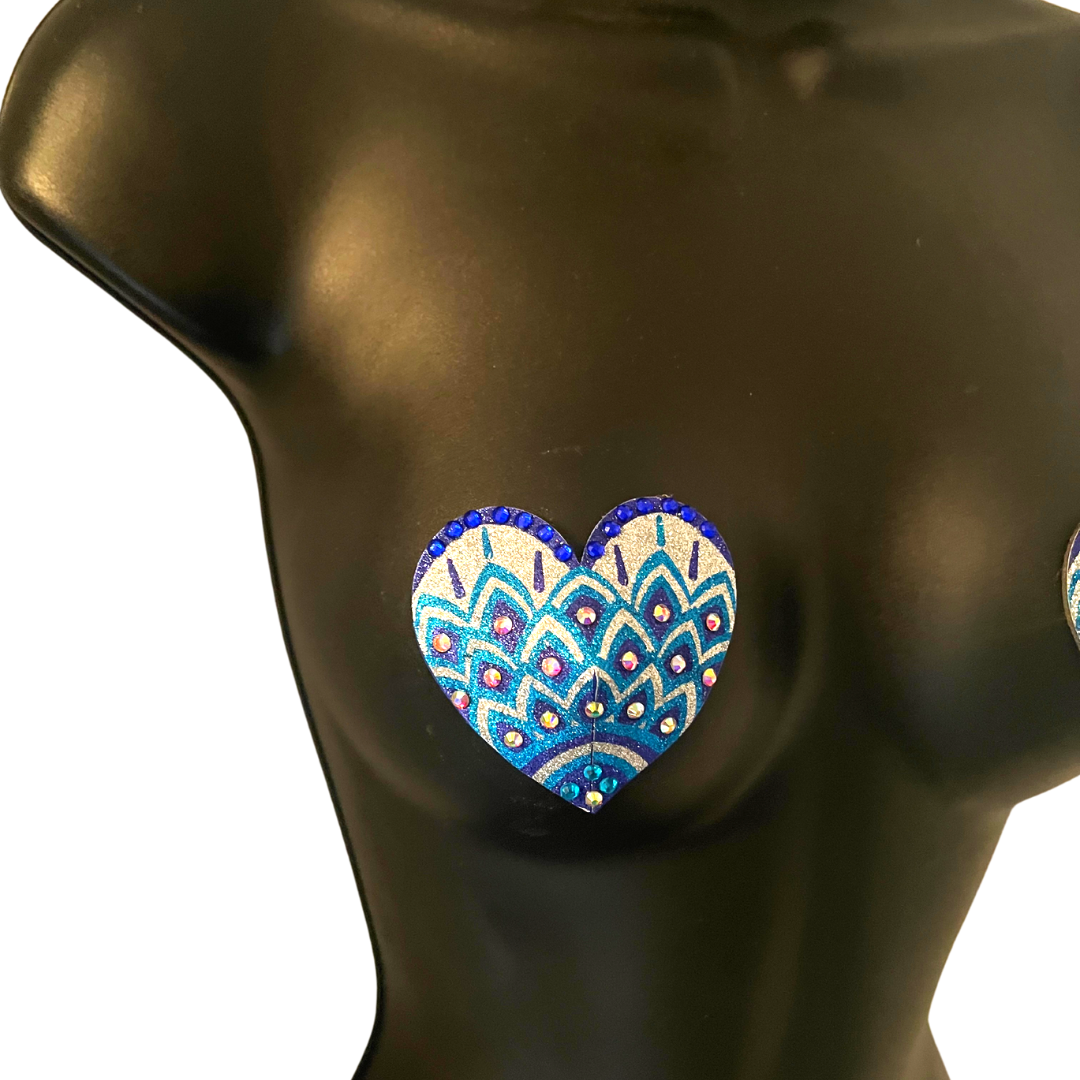 JOSEPHINE Blues and White Mosaic Glitter Heart and Gem Nipple Pasty, Covers (2pcs) for Burlesque Lingerie Raves and Festivals