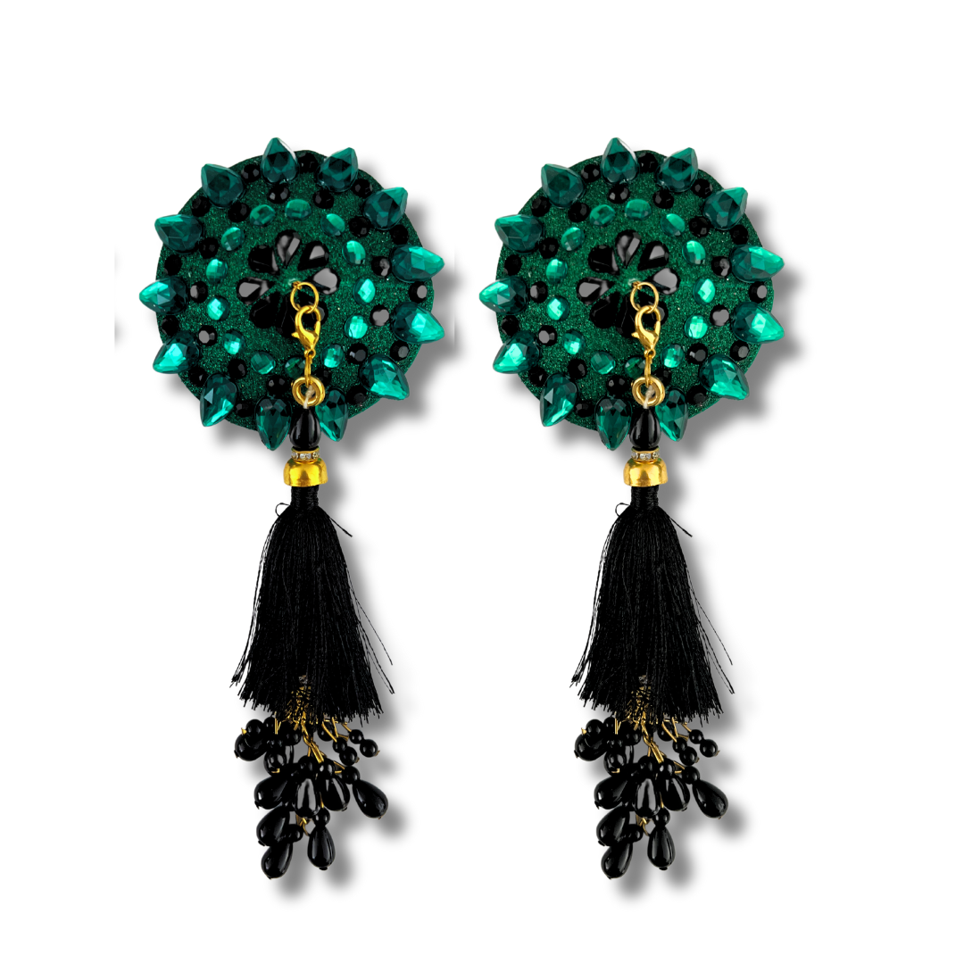 POUSSÉ CAFÉ Green & Black Crystal Nipple Pasty, Nipple Cover (2pcs) with Removable Beaded Tassels