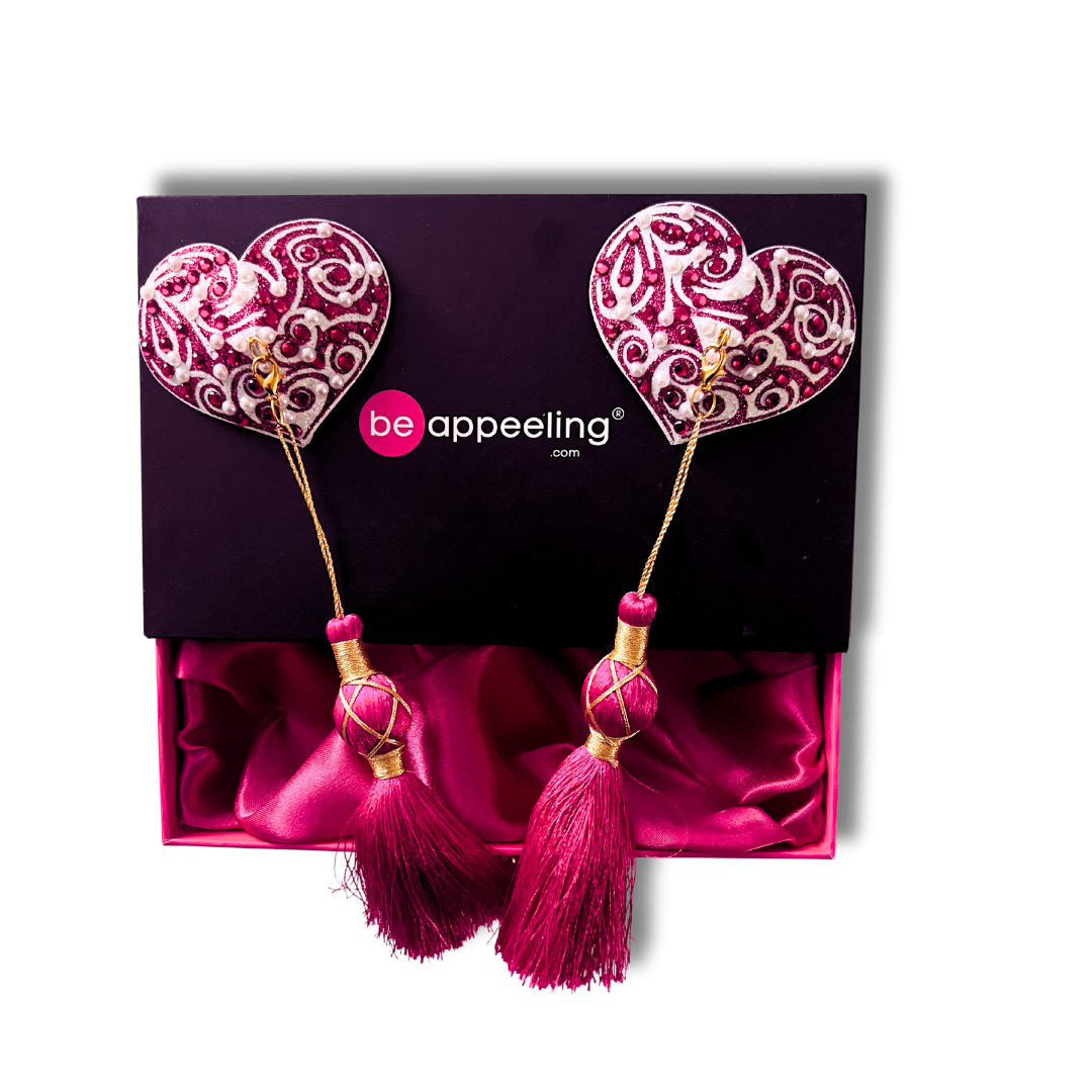 VIVIENNE Cache-tétons roses et blancs, pierres précieuses et perles, pompons (2 pièces) avec pompons amovibles pour lingerie carnaval burlesque rave