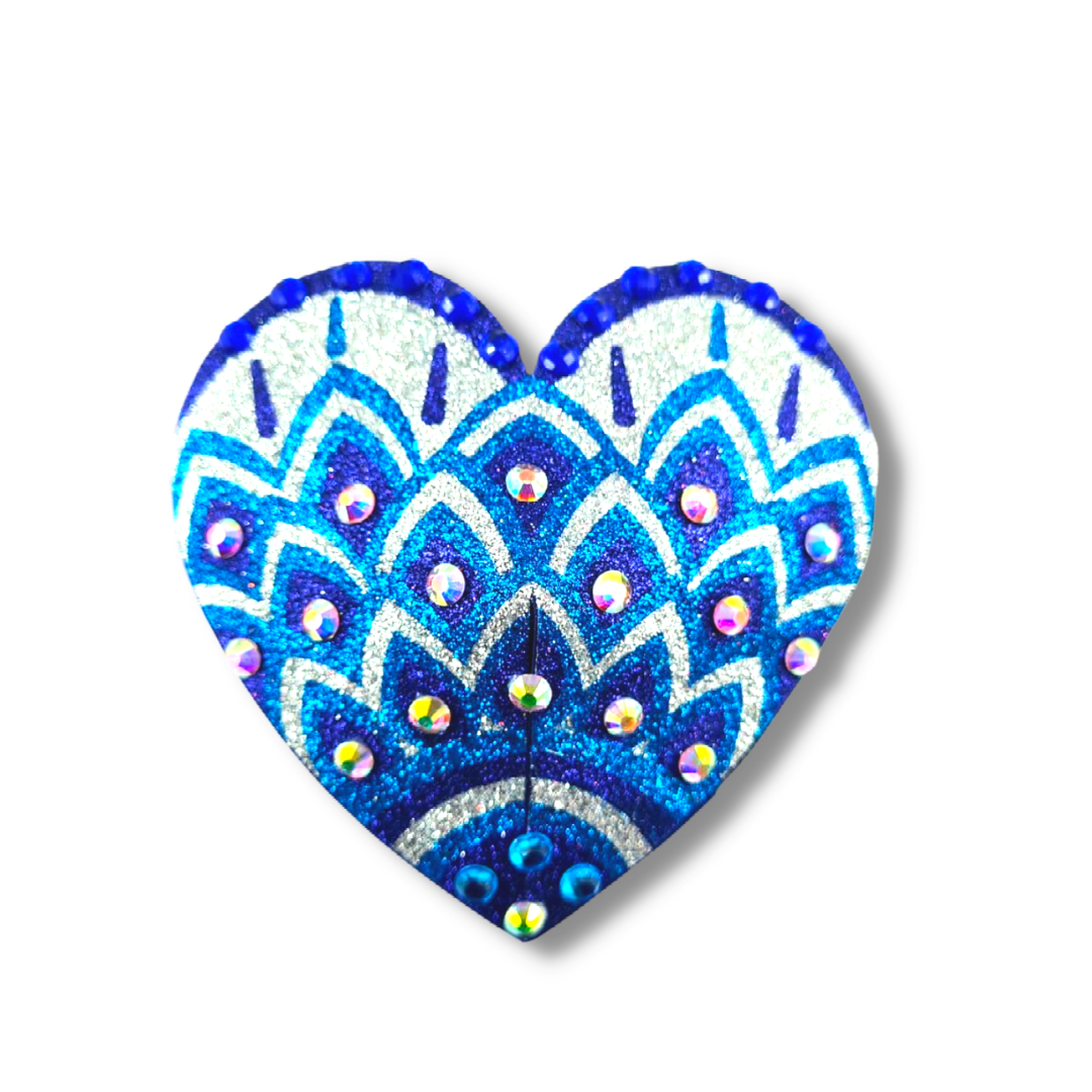 JOSEPHINE Blues and White Mosaic Glitter Heart and Gem Nipple Pasty, Covers (2pcs) for Burlesque Lingerie Raves and Festivals