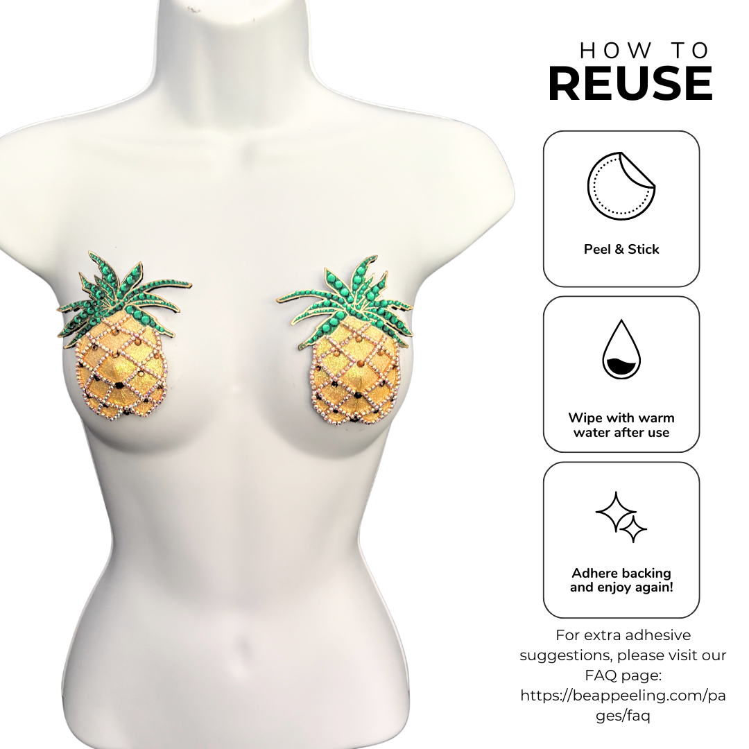 PINA COLADA Pineapple Rhinestone Nipple Pasties, Covers 2PCS