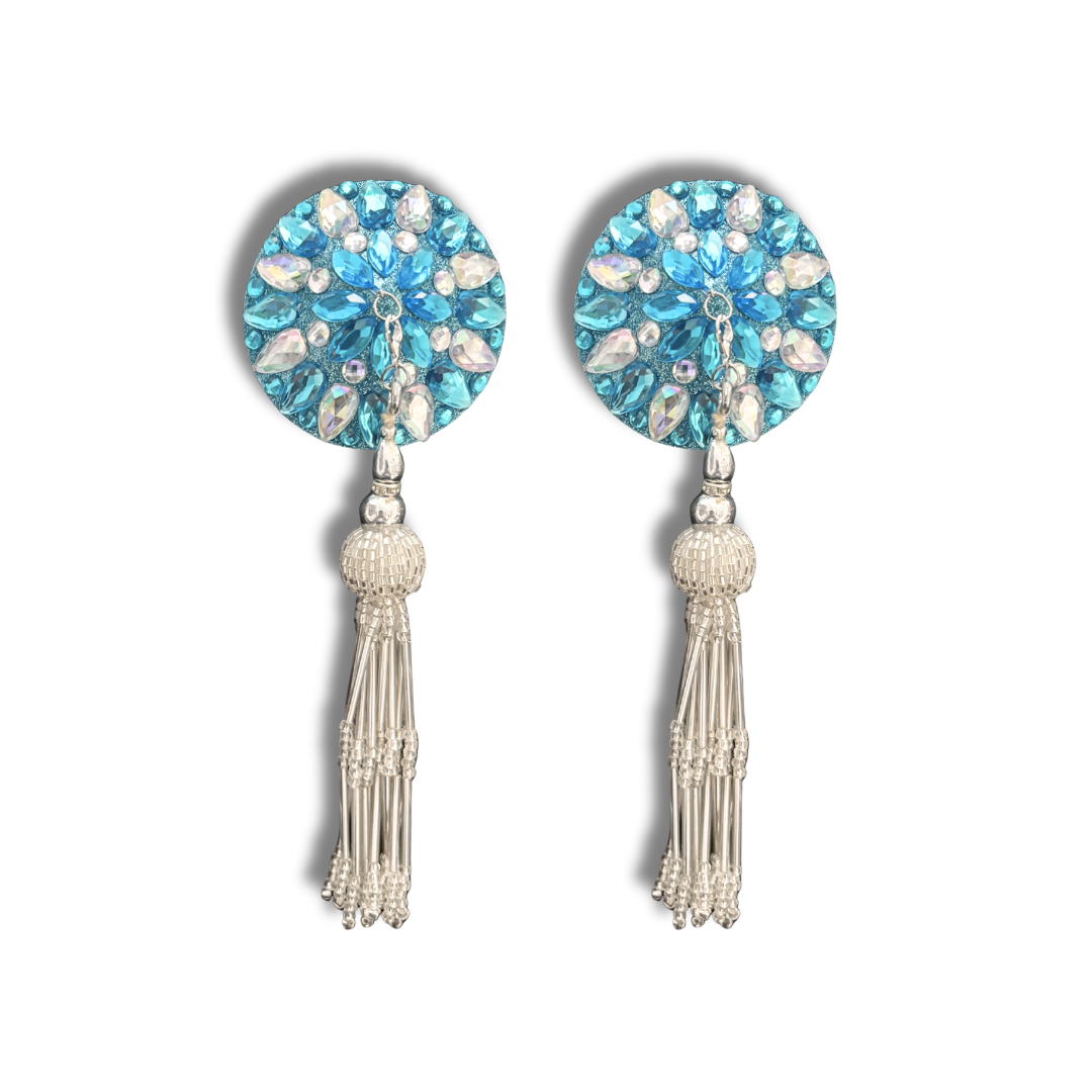 NEPTUNE'S TEMPTATION Aqua and AB Gem Pasties, Nipple Covers with Removable Tassels