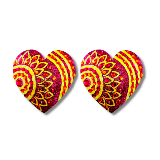 LOLA Pink & Yellow Mosaic Glitter Heart and Gem Nipple Pasty, Covers (2pcs) for Burlesque Lingerie Raves and Festivals