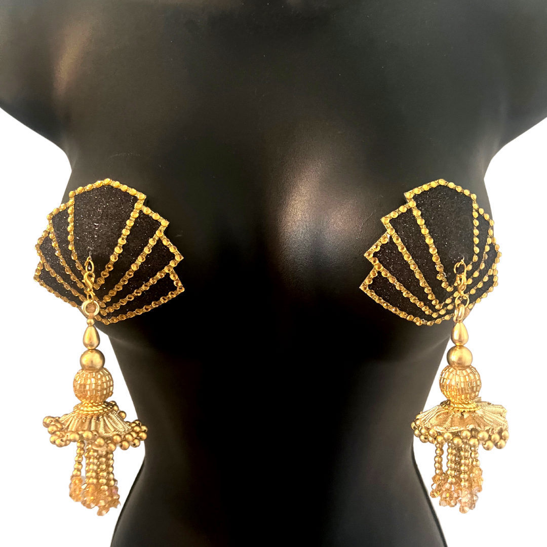 FANGIRL Black and Gold Nipple Cover, Pasties (2pcs) Pasties with Tassels