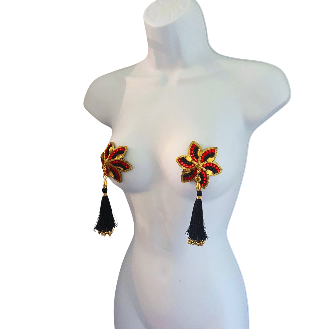 STELLA Red, Gold and Black Star Shape Nipple Pasties Covers (2pcs) with Removable Tassels