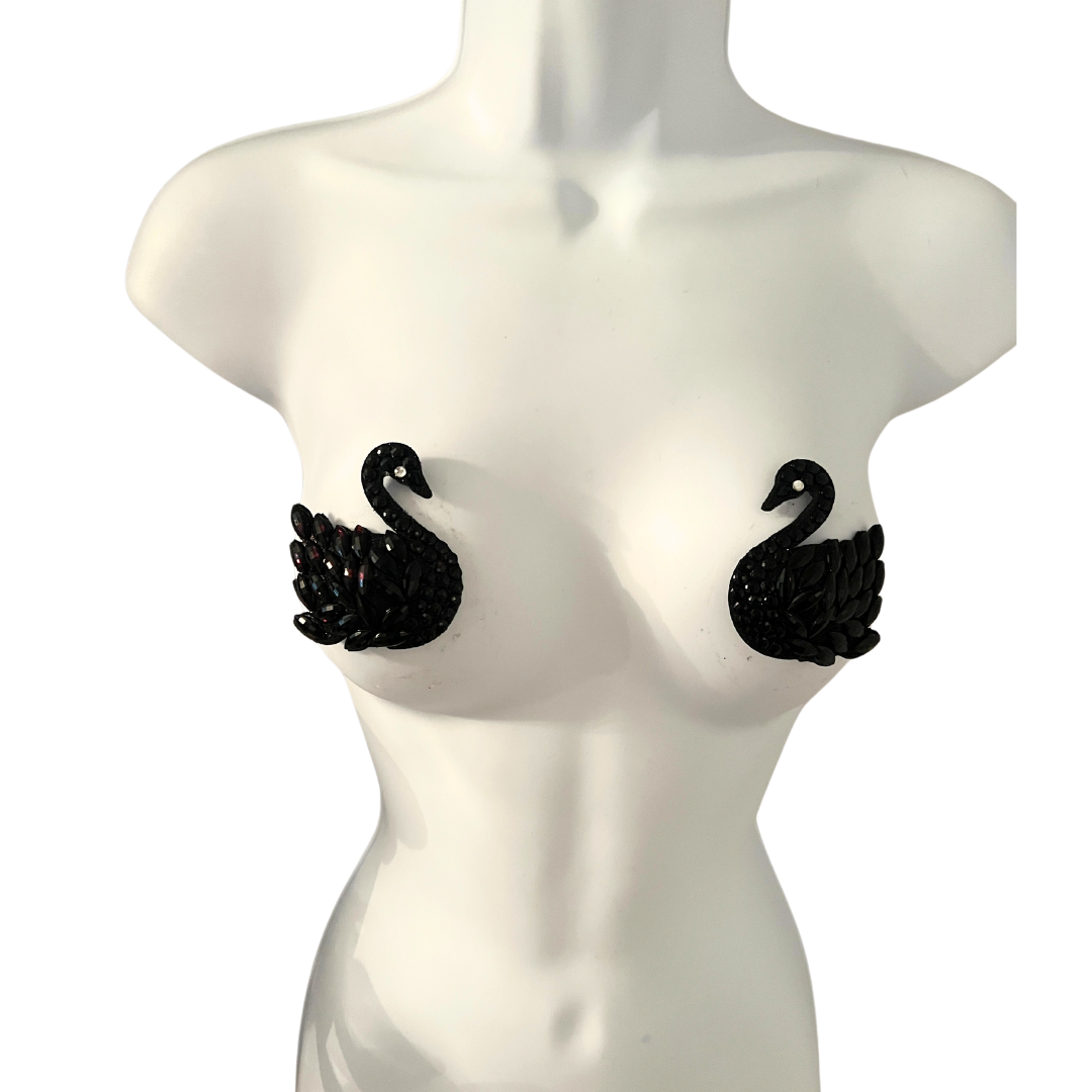 SWAN LAKE - Glitter and Gem Swan Nipple Pasties Covers (2pcs) White or Black for Burlesque, Rave Lingerie and Festivals