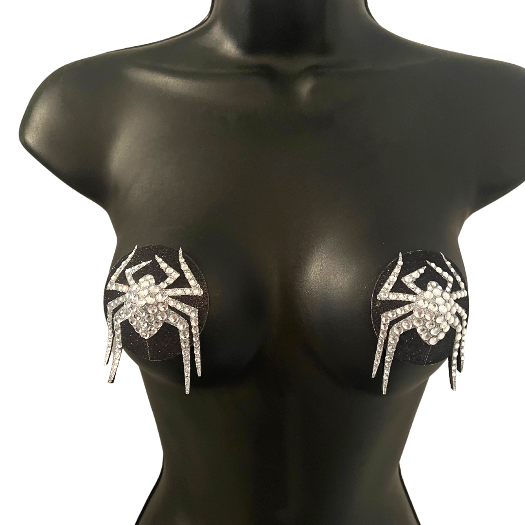 MISS MUFFET Black and Silver Spider Nipple Pasties, Covers (2pcs) for Burlesque Raves Lingerie Halloween (reusable)