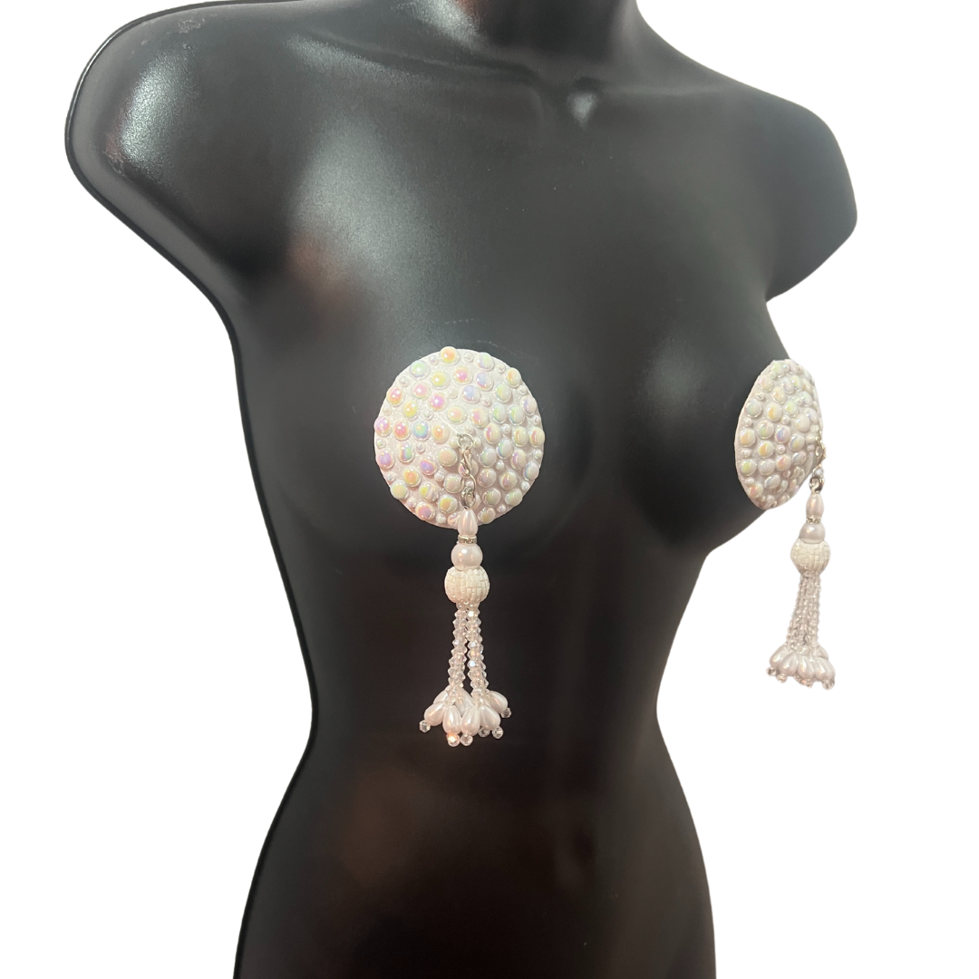 MERMAID'S KISS White Pearl Nipple Pasties, Covers (2 PCS) with Removable Crystal and Pearl Tassels