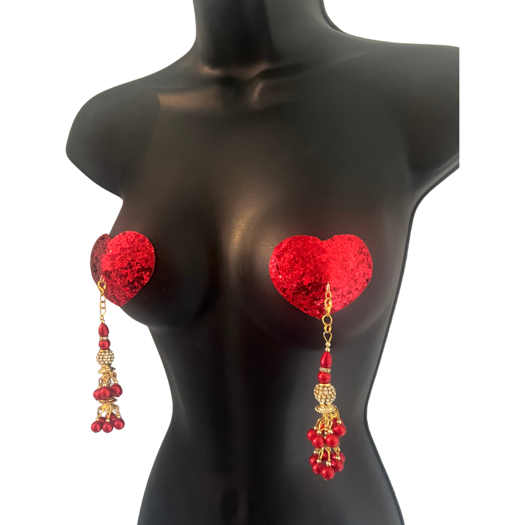 AMORÉ Red Heart Shape Nipple Pasties Covers (2pcs) with Removable Tassels